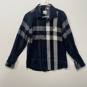 Burberry Men's XL Classic Check Long Sleeve Button Down Shirt Navy Blue Cotton